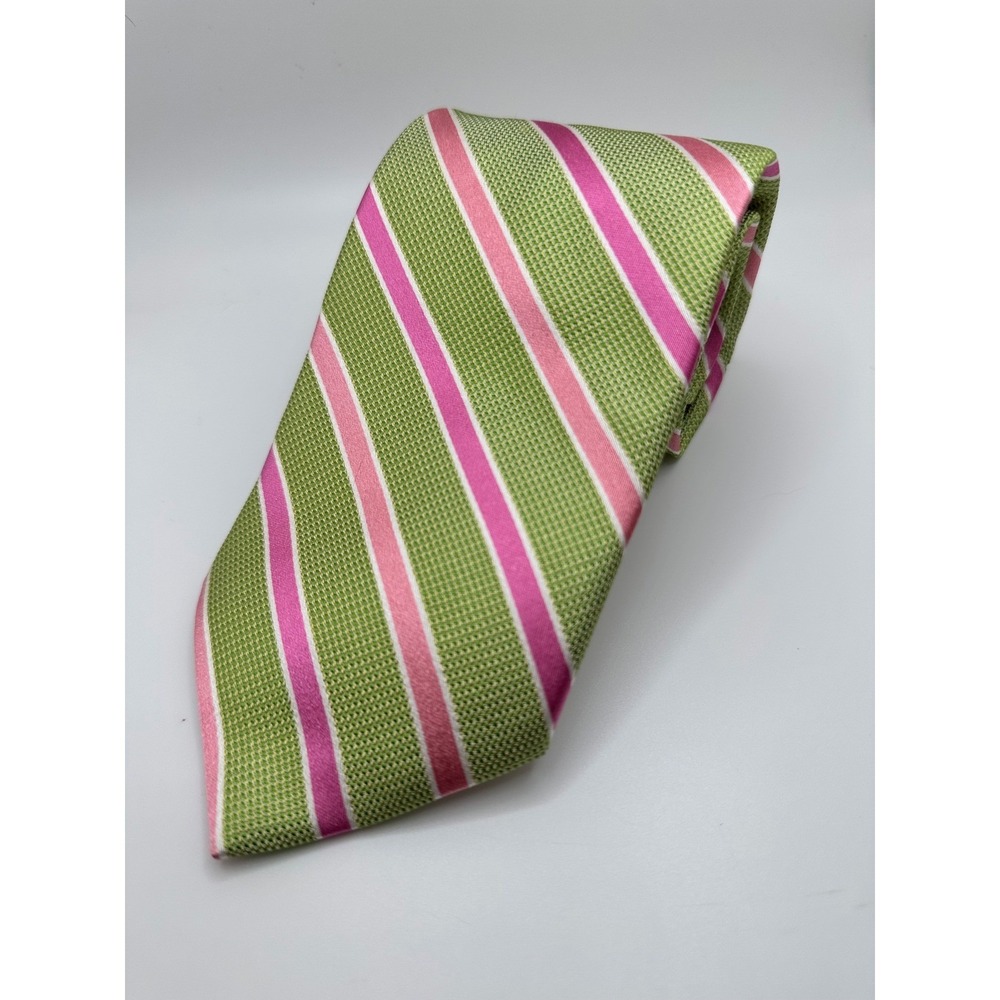 Brooks Brothers 346 Mens Silk Tie Green Pink White Diagonal Striped 58 x 3.5